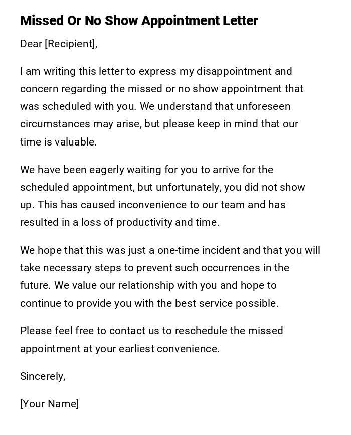 Missed Or No Show Appointment Letter Missed Or No Show Appointment Letter