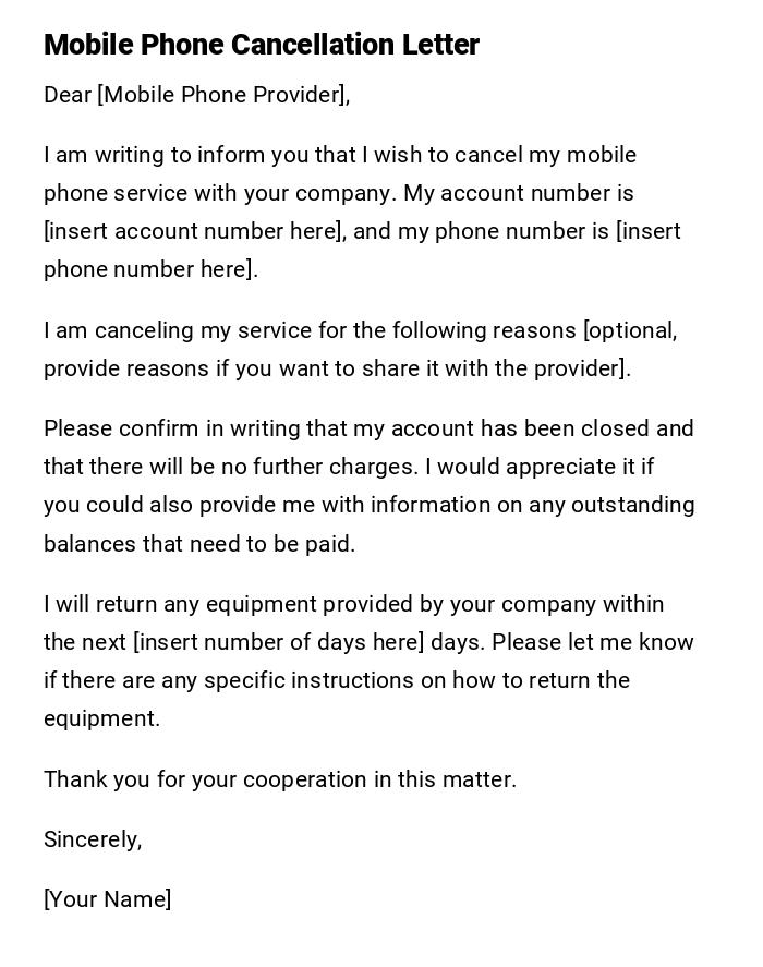Mobile Phone Cancellation Letter