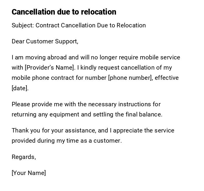 Cancellation due to relocation