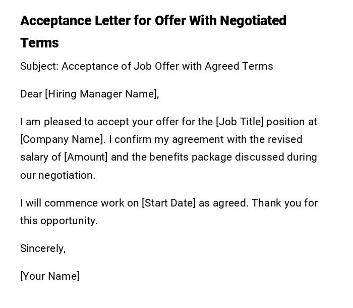 Acceptance Letter for Offer With Negotiated Terms