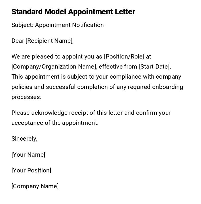 Standard Model Appointment Letter