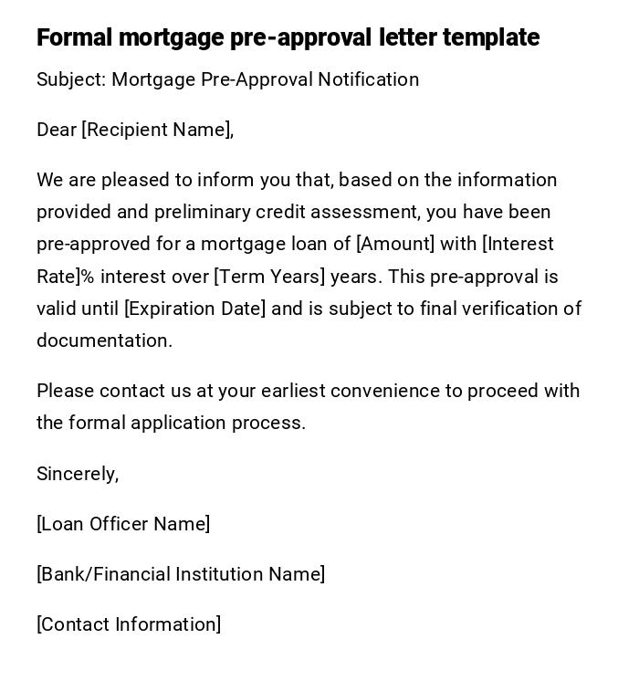 Formal mortgage pre-approval letter template