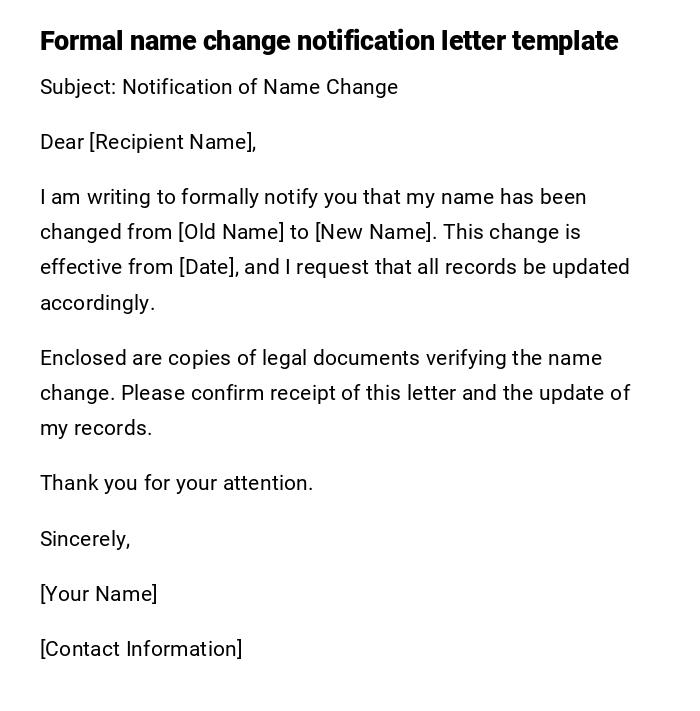 Formal name change notification letter template