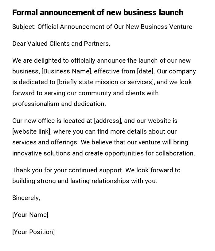 Formal announcement of new business launch