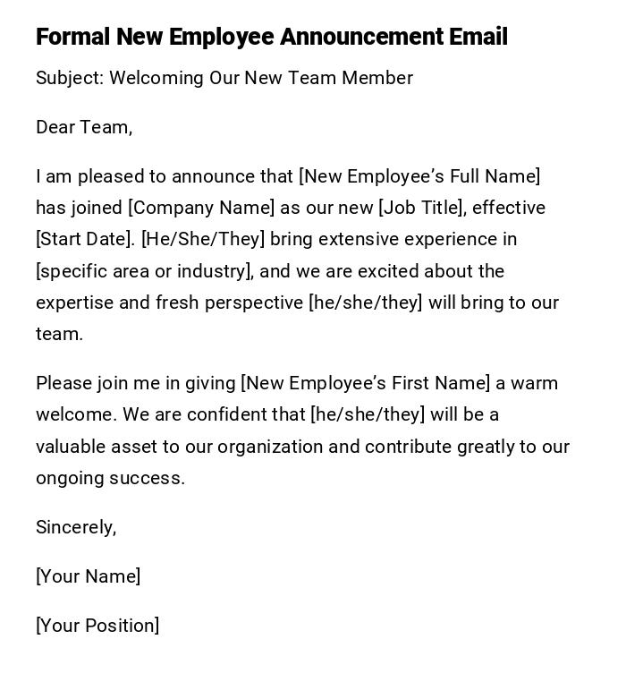 Formal New Employee Announcement Email