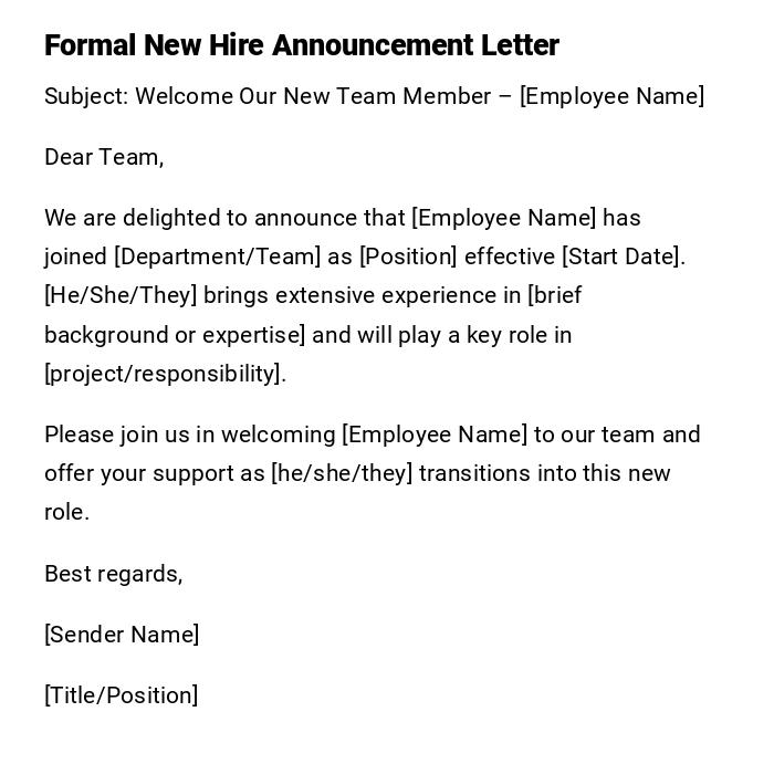 Formal New Hire Announcement Letter