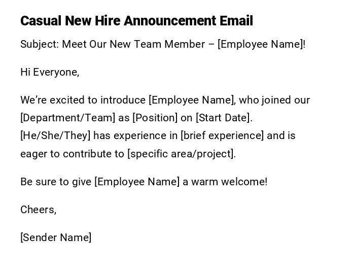 Casual New Hire Announcement Email