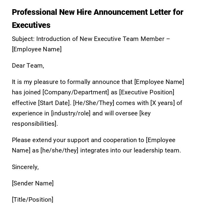 Professional New Hire Announcement Letter for Executives
