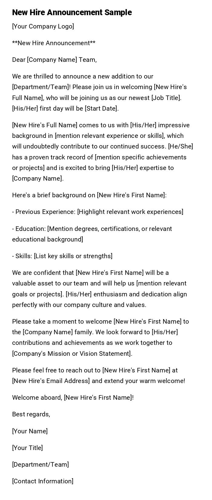 New Hire Announcement Sample