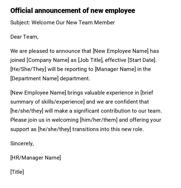 Official announcement of new employee