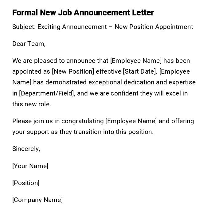 Formal New Job Announcement Letter