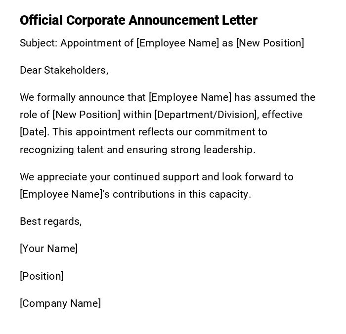Official Corporate Announcement Letter