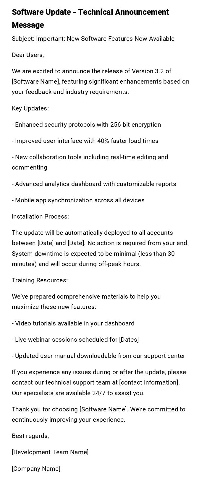 Software Update - Technical Announcement Message