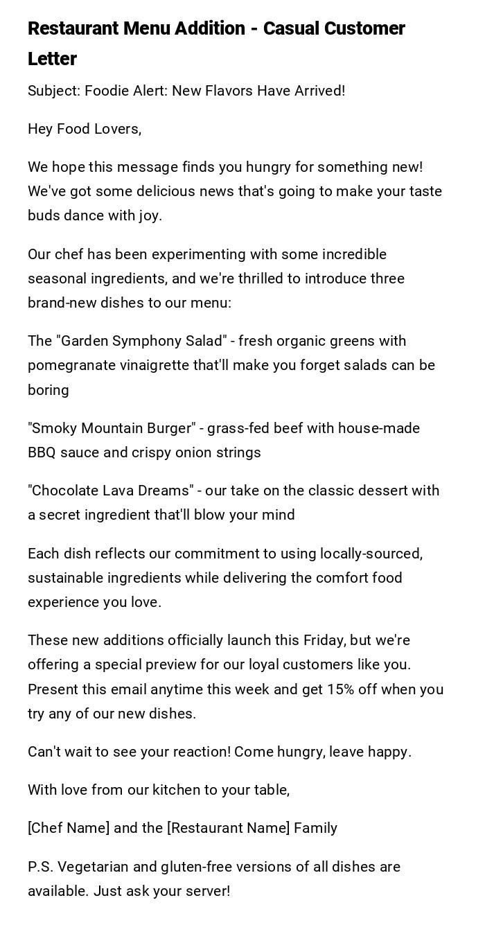 Restaurant Menu Addition - Casual Customer Letter