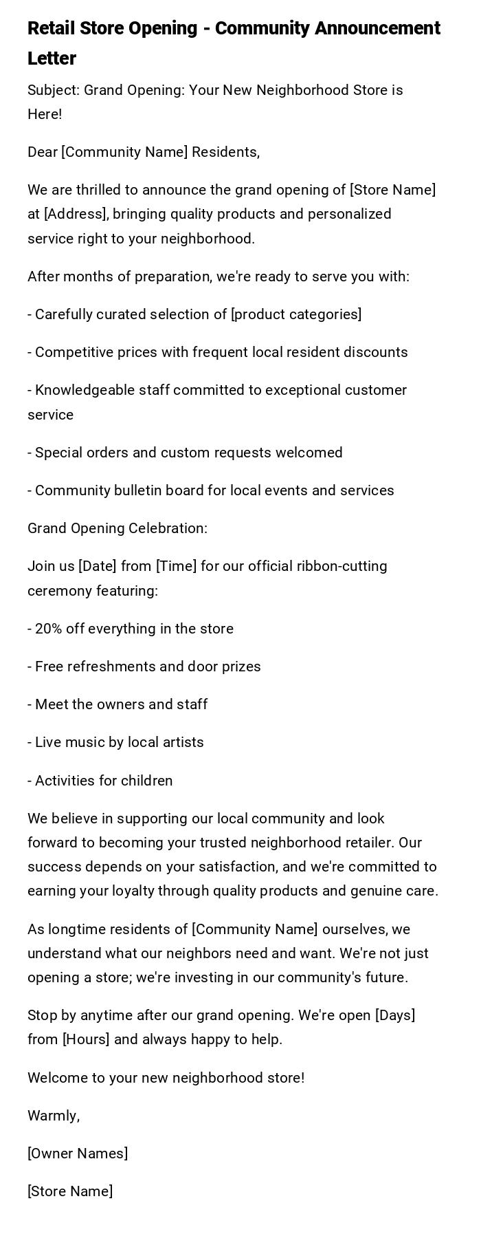 Retail Store Opening - Community Announcement Letter