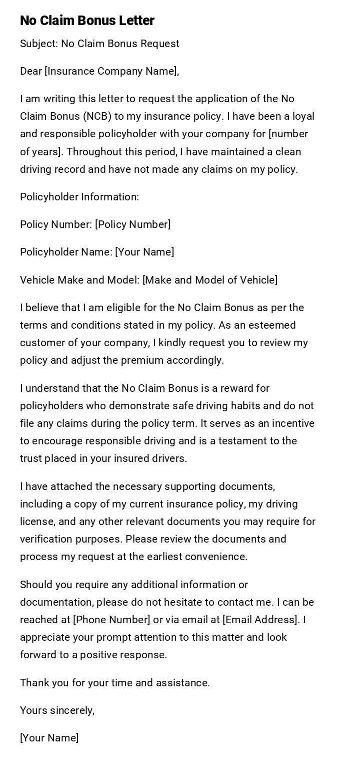 No Claim Bonus Letter