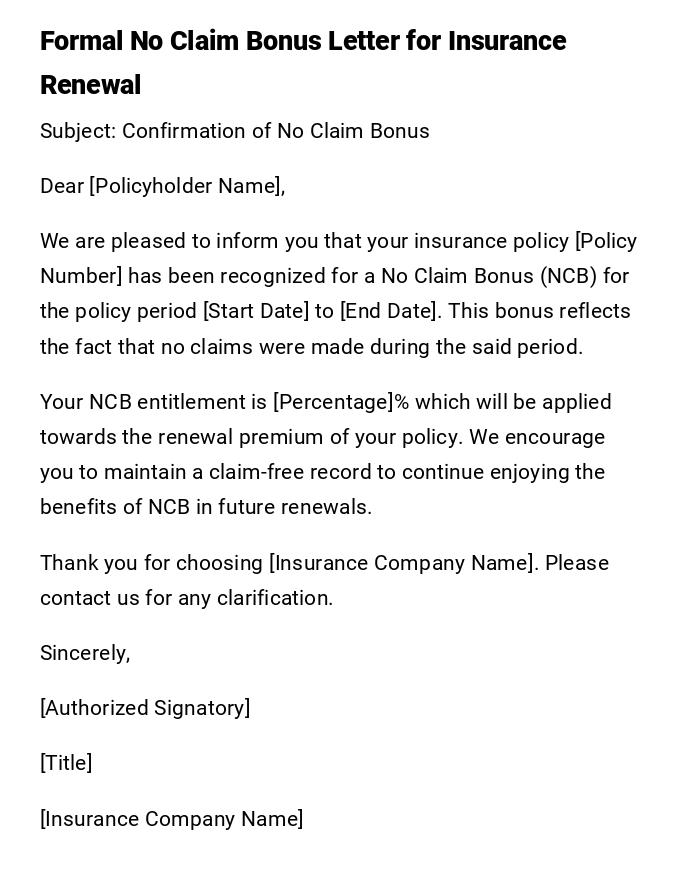 Formal No Claim Bonus Letter for Insurance Renewal