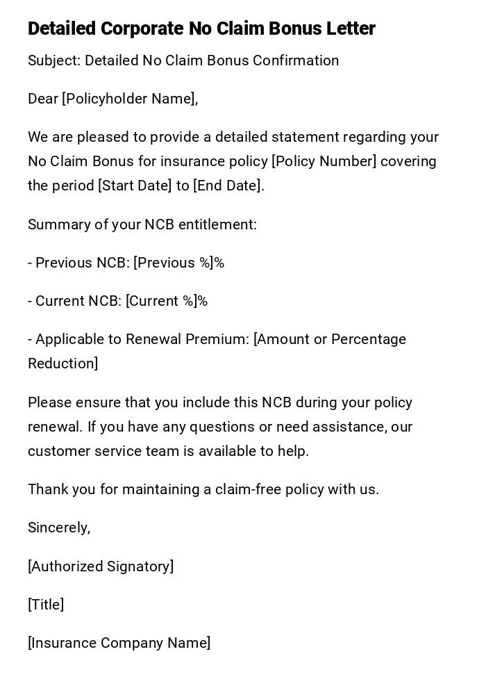 Detailed Corporate No Claim Bonus Letter