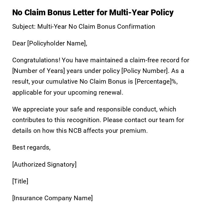 No Claim Bonus Letter for Multi-Year Policy