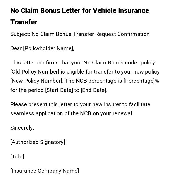 No Claim Bonus Letter for Vehicle Insurance Transfer