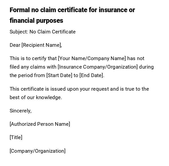 Formal no claim certificate for insurance or financial purposes