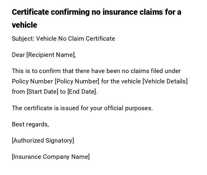 Certificate confirming no insurance claims for a vehicle