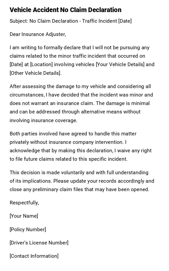 Vehicle Accident No Claim Declaration