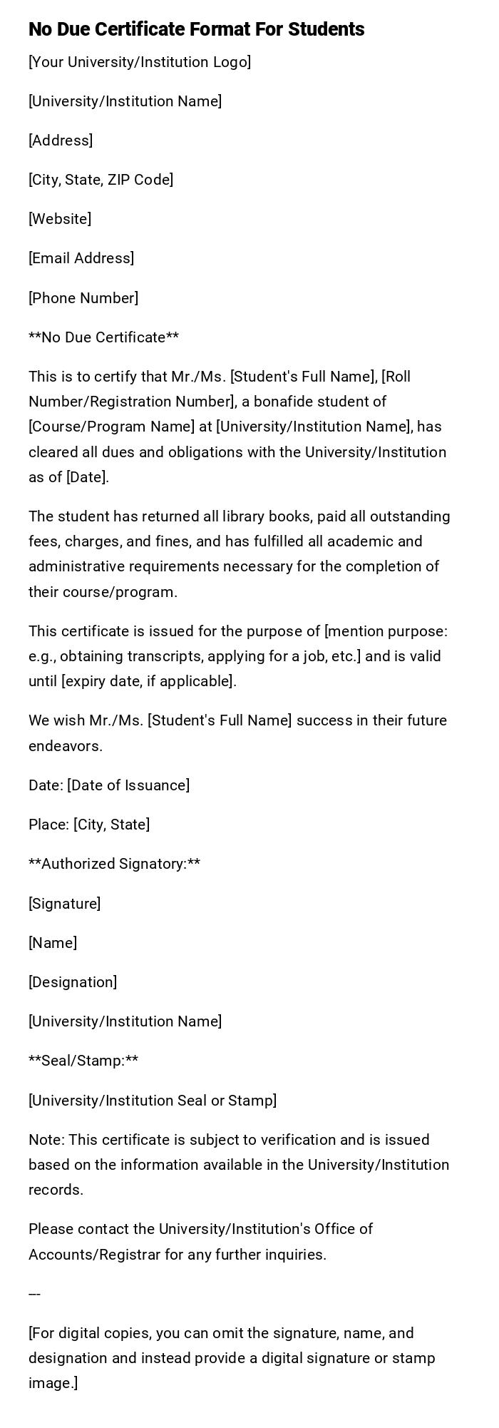 No Due Certificate Format For Students