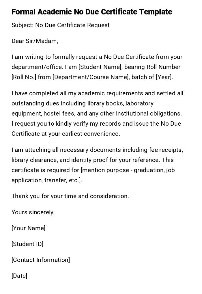Formal Academic No Due Certificate Template