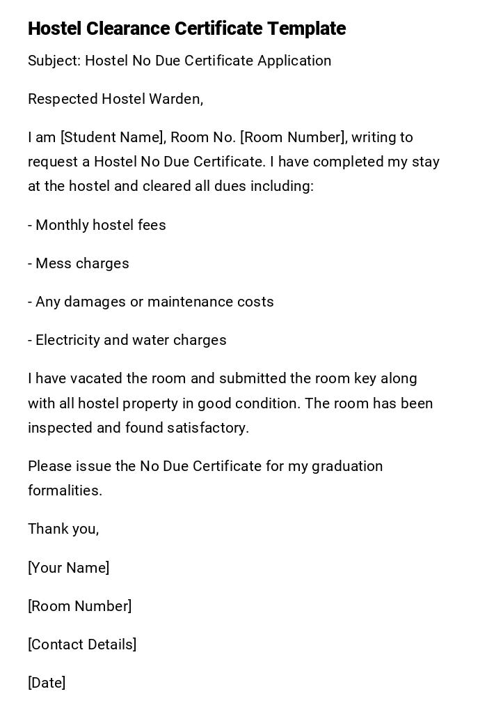 Hostel Clearance Certificate Template