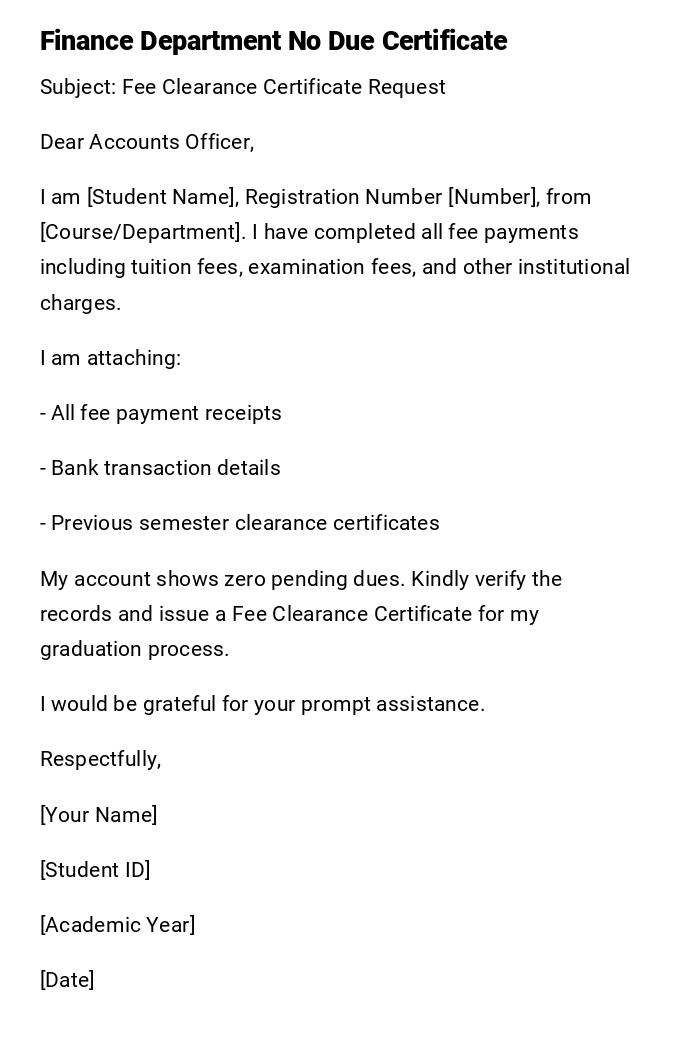Finance Department No Due Certificate