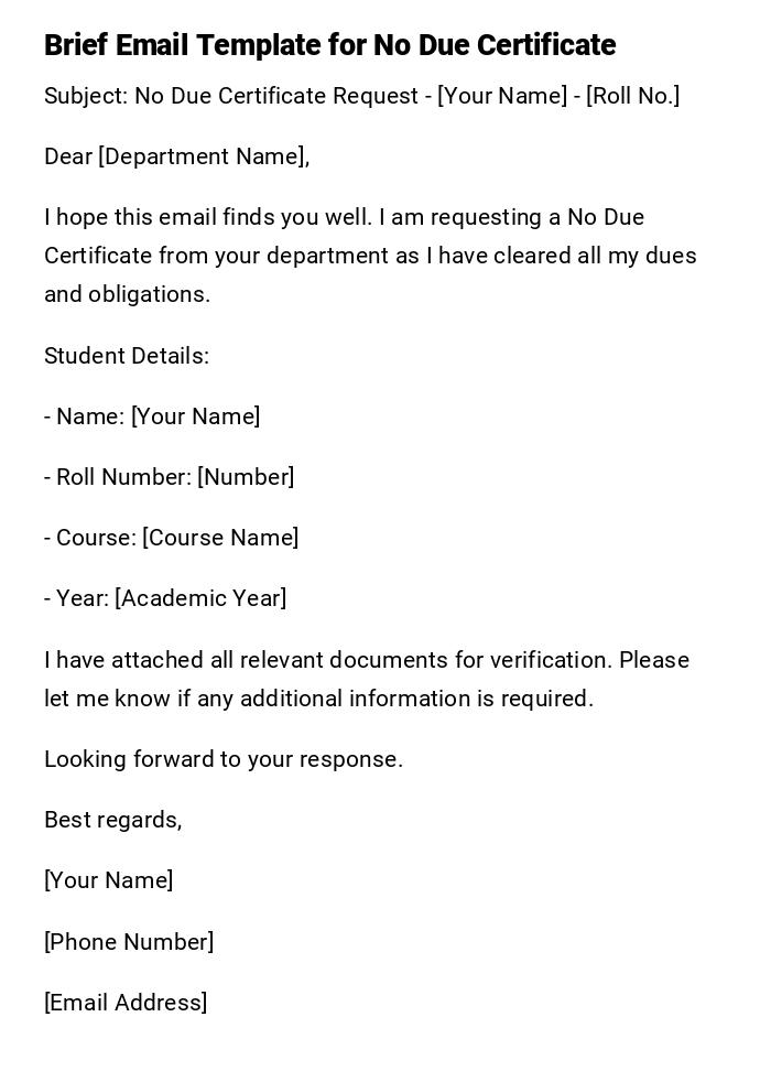 Brief Email Template for No Due Certificate