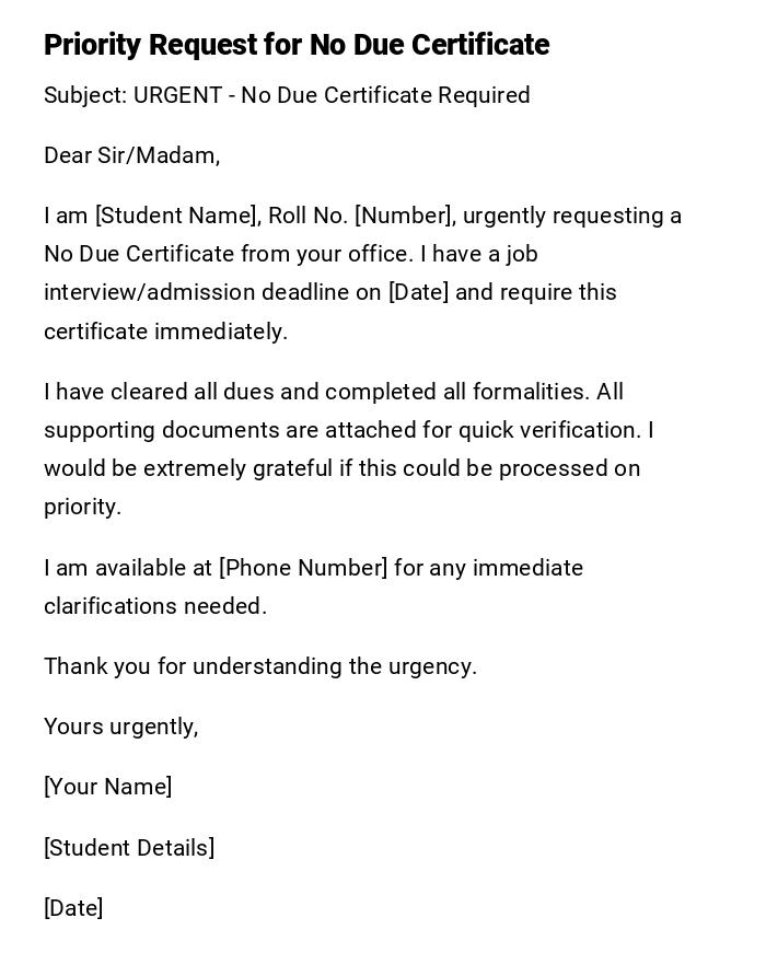 Priority Request for No Due Certificate
