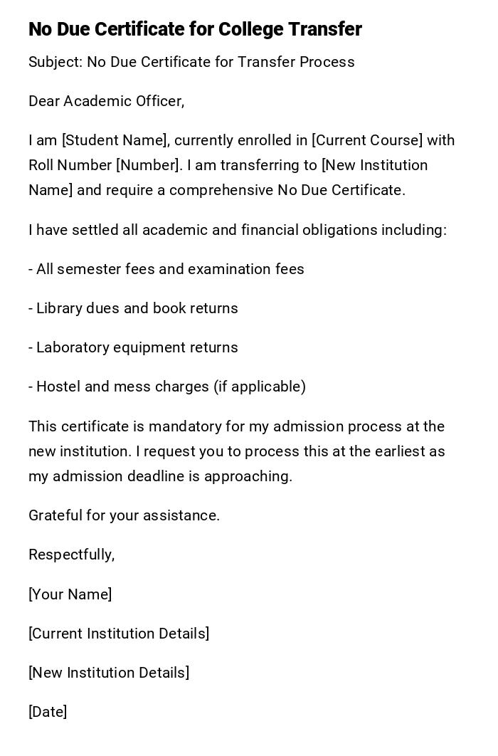 No Due Certificate for College Transfer