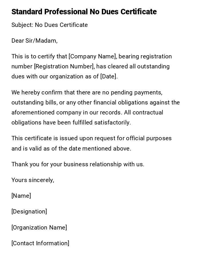 Standard Professional No Dues Certificate