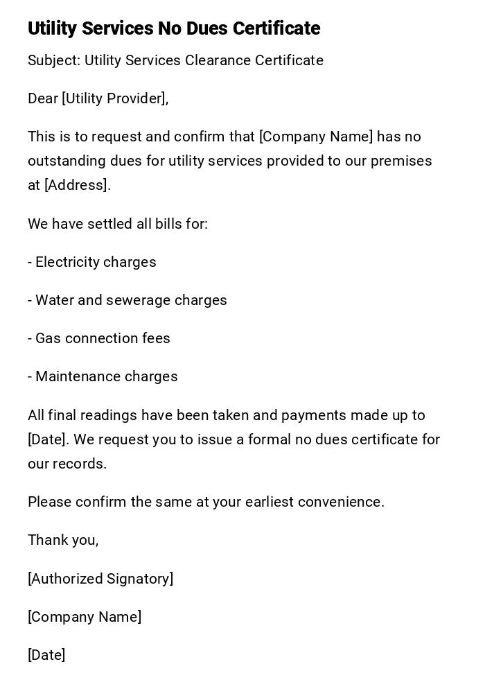 Utility Services No Dues Certificate