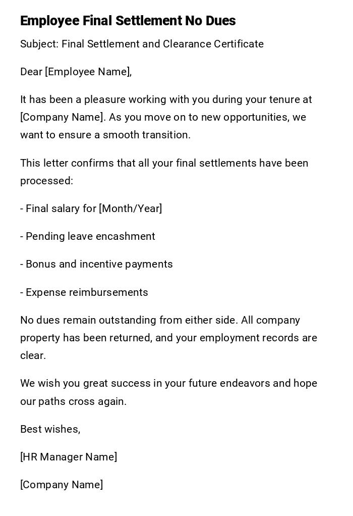 Employee Final Settlement No Dues