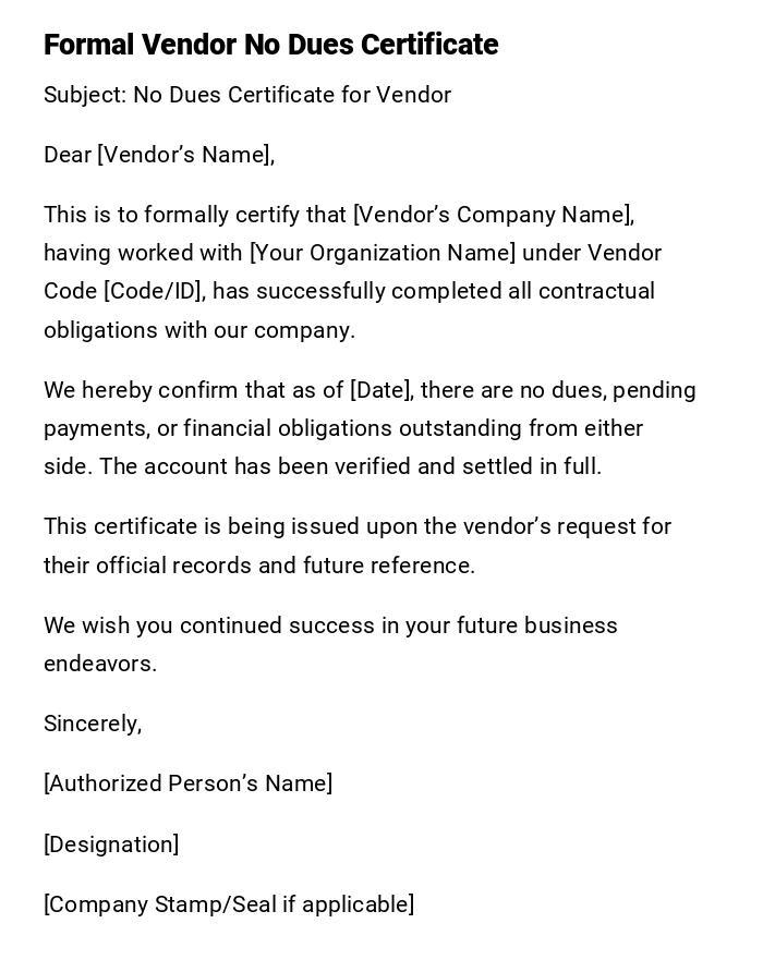 Formal Vendor No Dues Certificate