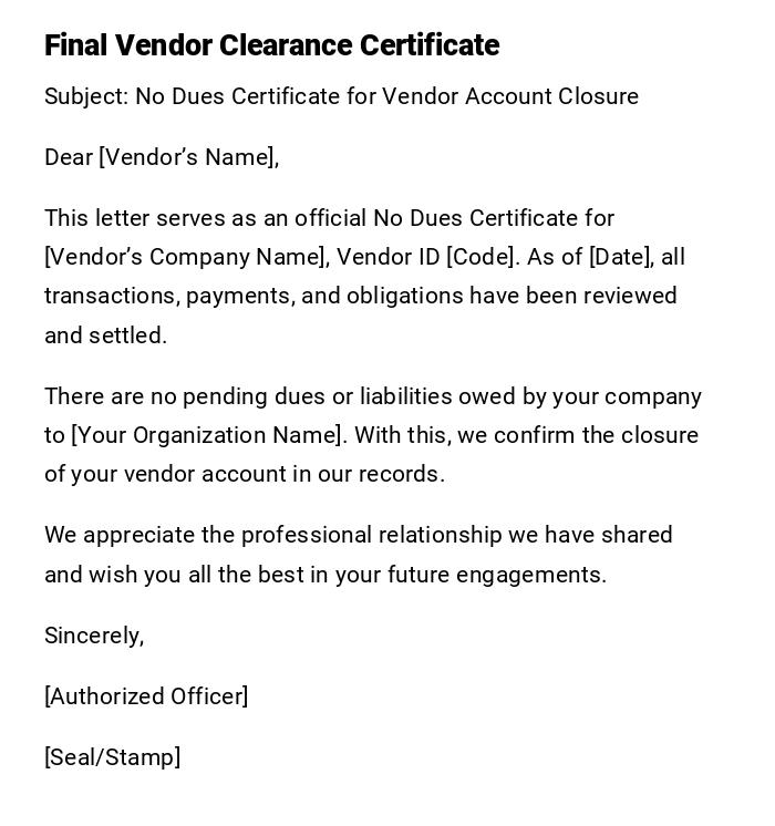 Final Vendor Clearance Certificate