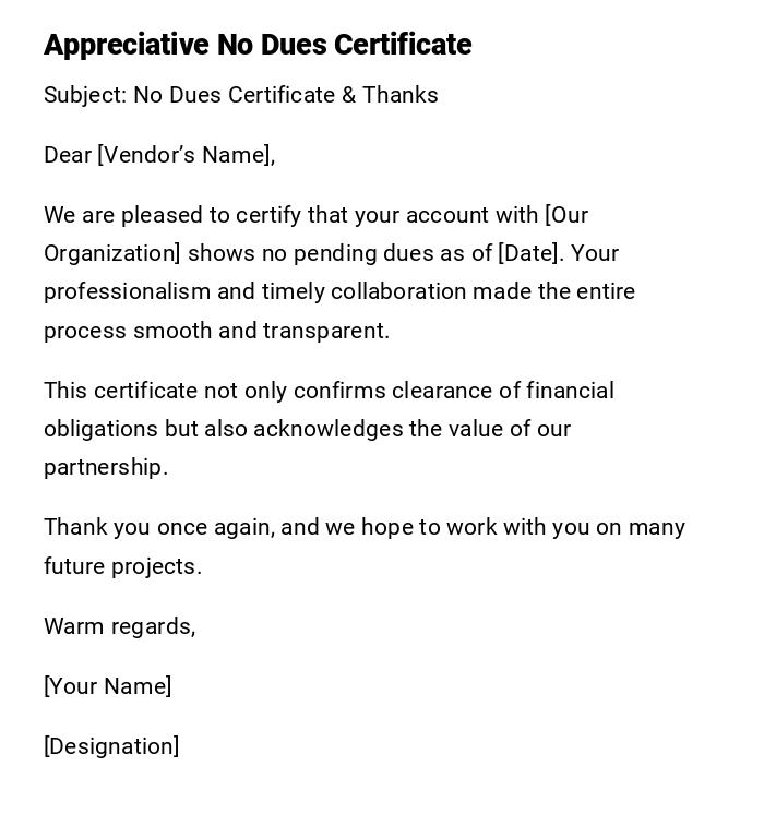 Appreciative No Dues Certificate