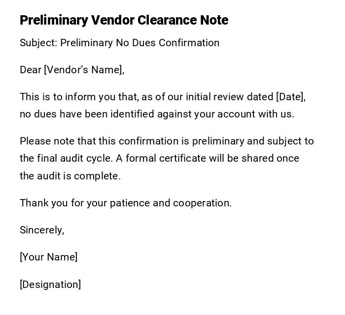 Preliminary Vendor Clearance Note
