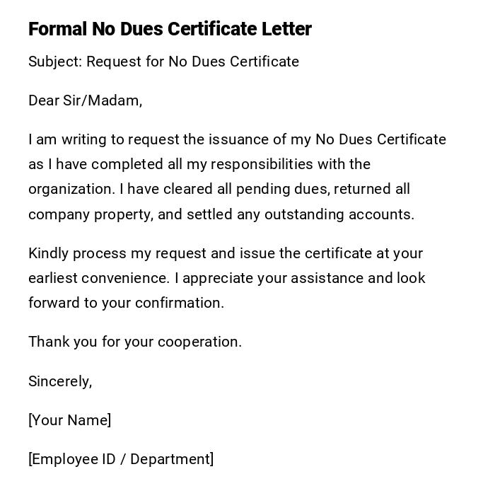 Formal No Dues Certificate Letter