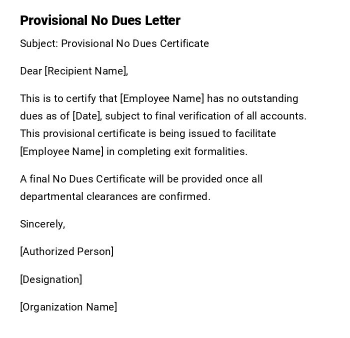 Provisional No Dues Letter