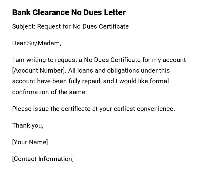 Bank Clearance No Dues Letter
