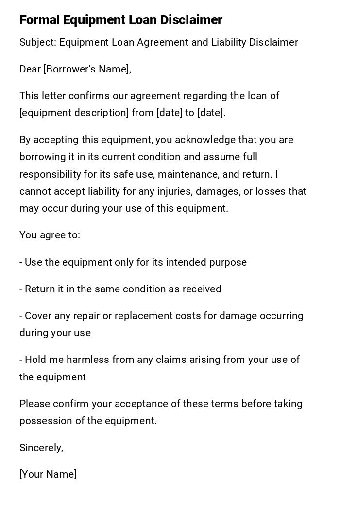Formal Equipment Loan Disclaimer