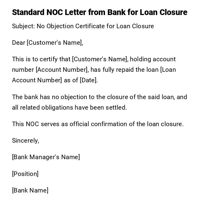 Standard NOC Letter from Bank for Loan Closure