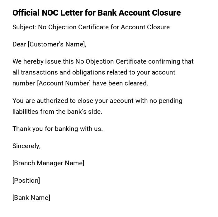 Official NOC Letter for Bank Account Closure