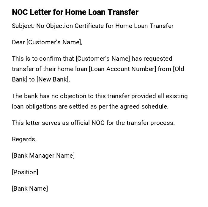 NOC Letter for Home Loan Transfer