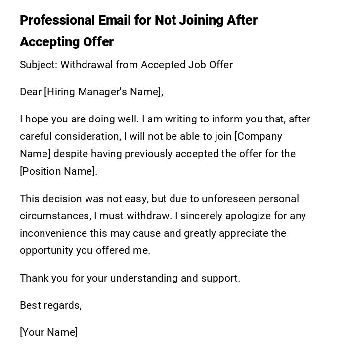 Professional Email for Not Joining After Accepting Offer