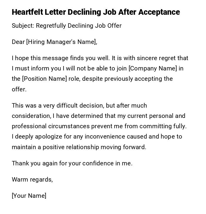 Heartfelt Letter Declining Job After Acceptance